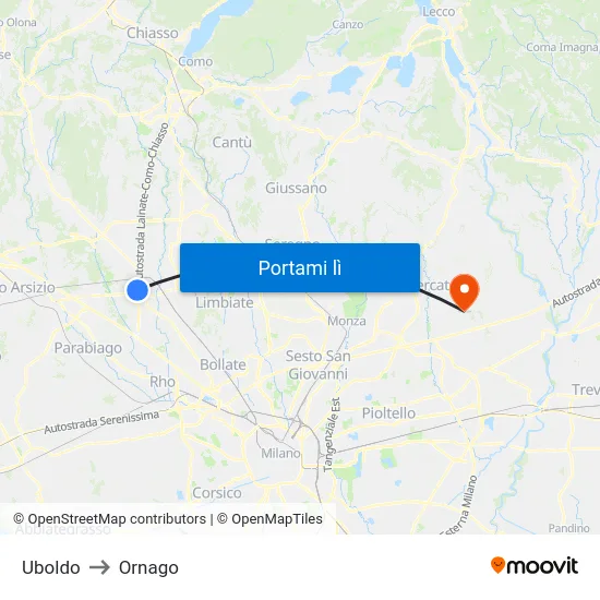 Uboldo to Ornago map