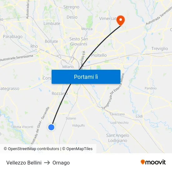 Vellezzo Bellini to Ornago map