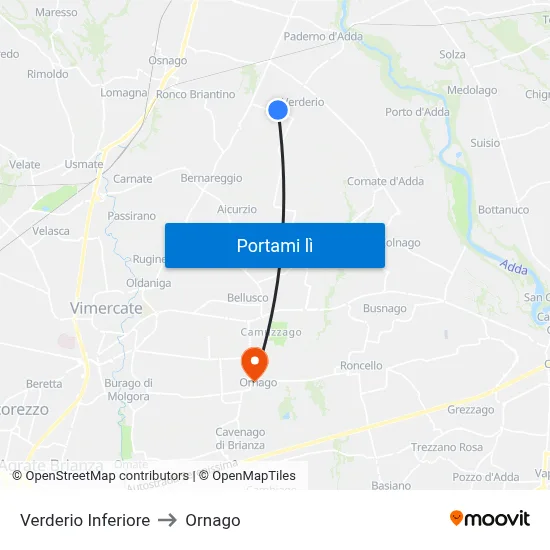 Verderio Inferiore to Ornago map