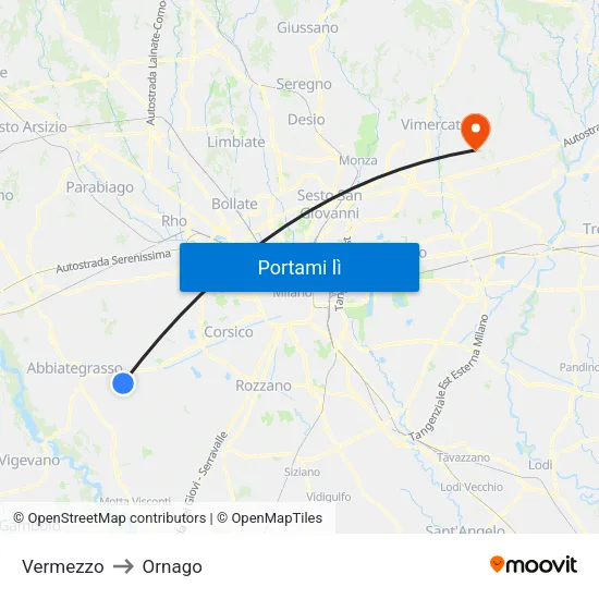 Vermezzo to Ornago map