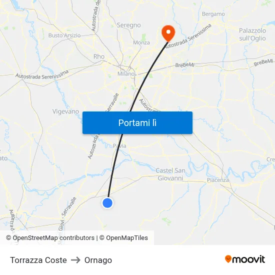Torrazza Coste to Ornago map