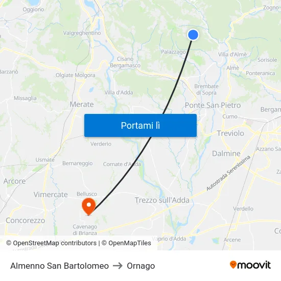 Almenno San Bartolomeo to Ornago map