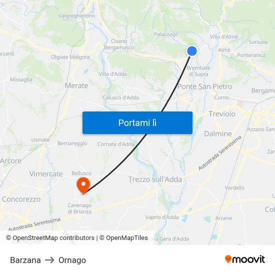 Barzana to Ornago map