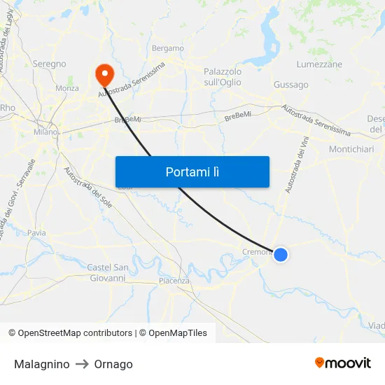 Malagnino to Ornago map