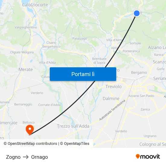 Zogno to Ornago map