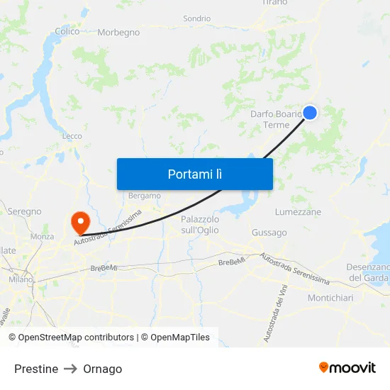 Prestine to Ornago map