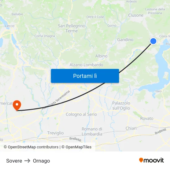 Sovere to Ornago map