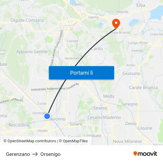 Gerenzano to Orsenigo map