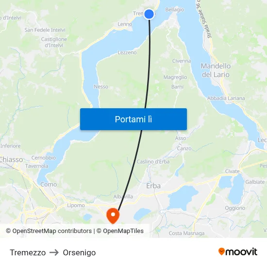 Tremezzo to Orsenigo map