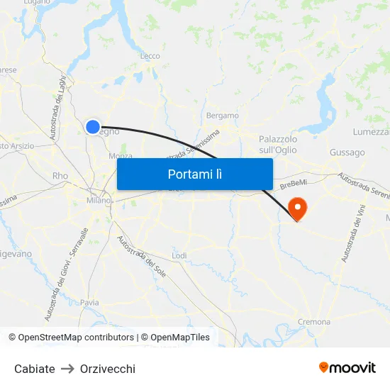 Cabiate to Orzivecchi map