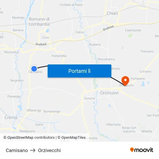 Camisano to Orzivecchi map