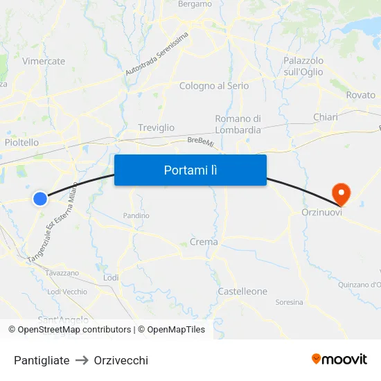 Pantigliate to Orzivecchi map
