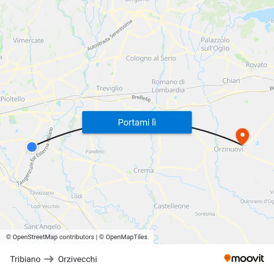 Tribiano to Orzivecchi map