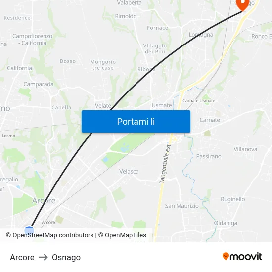 Arcore to Osnago map