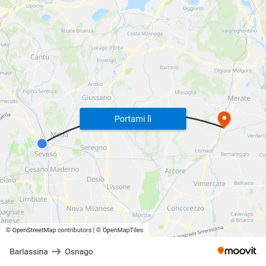 Barlassina to Osnago map