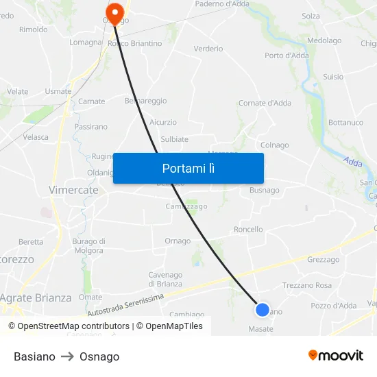 Basiano to Osnago map