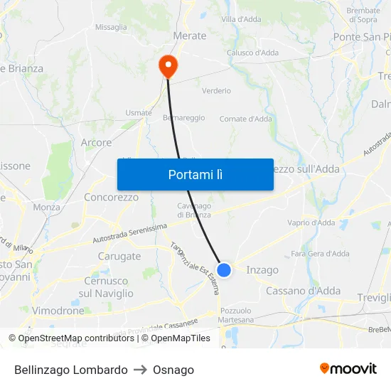 Bellinzago Lombardo to Osnago map