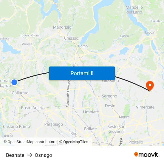 Besnate to Osnago map