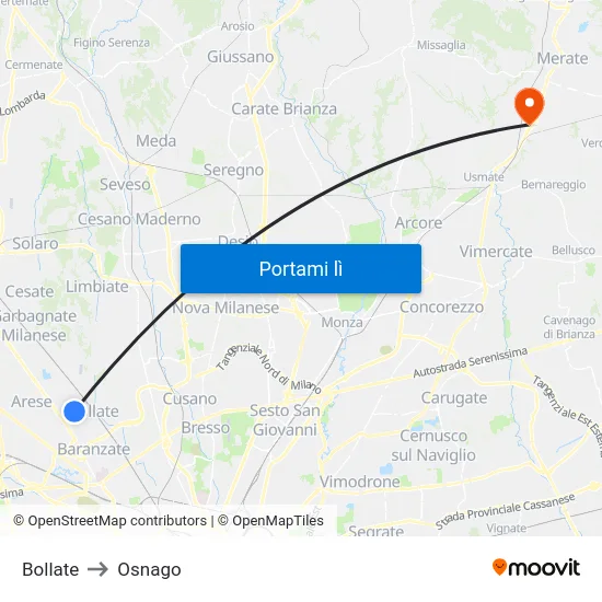 Bollate to Osnago map