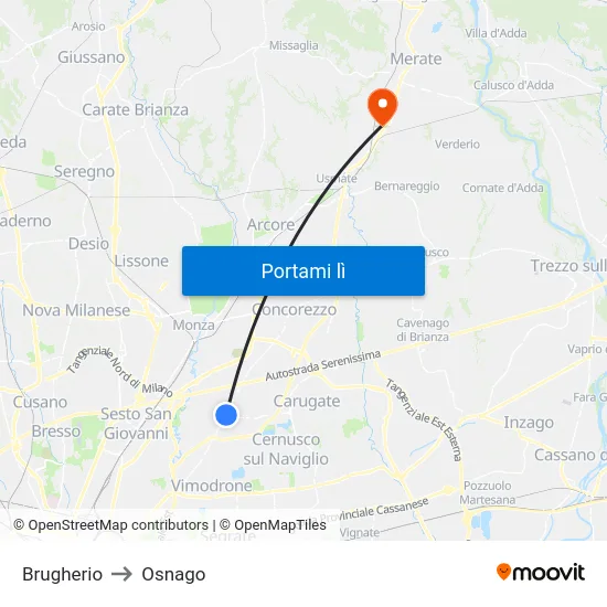 Brugherio to Osnago map