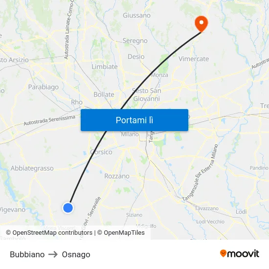 Bubbiano to Osnago map