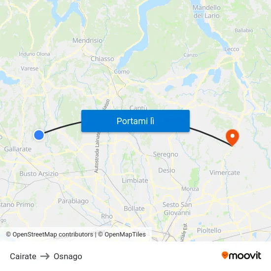Cairate to Osnago map