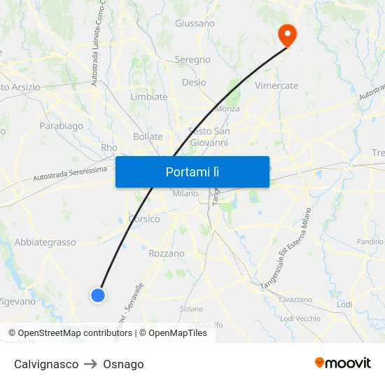 Calvignasco to Osnago map
