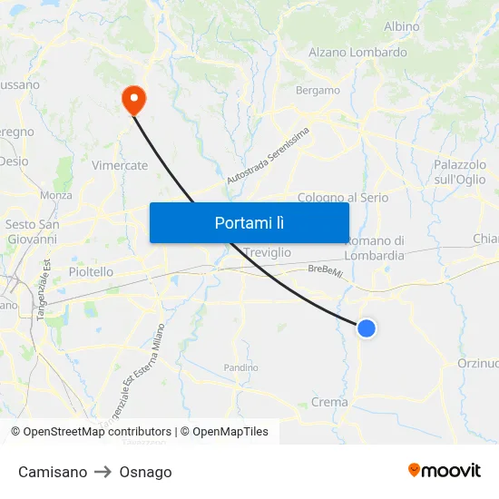 Camisano to Osnago map