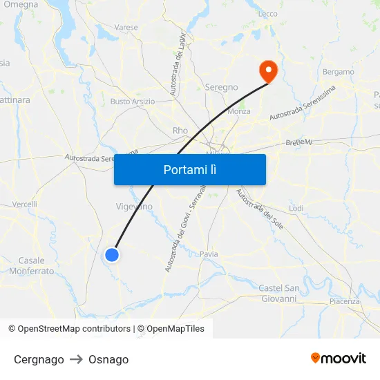 Cergnago to Osnago map