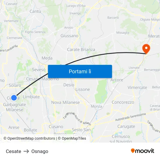 Cesate to Osnago map
