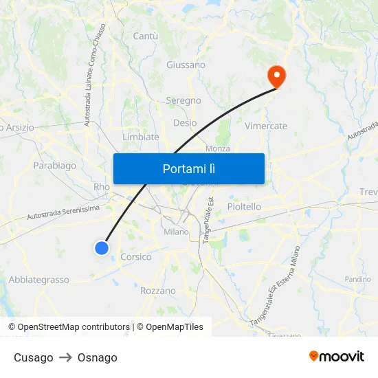 Cusago to Osnago map