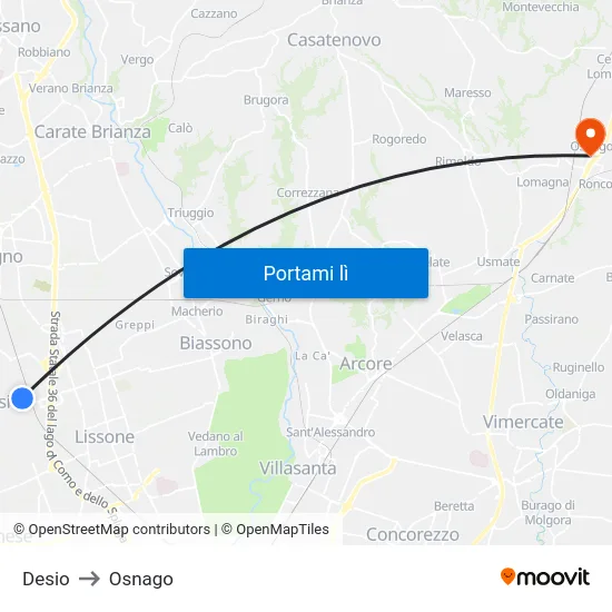 Desio to Osnago map