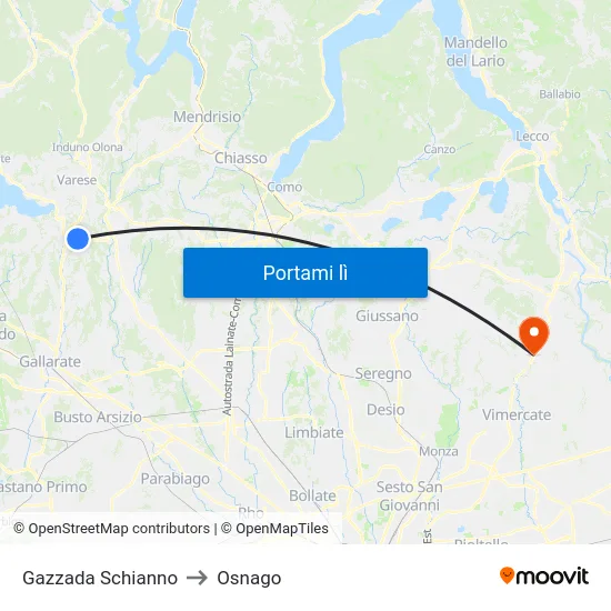 Gazzada Schianno to Osnago map