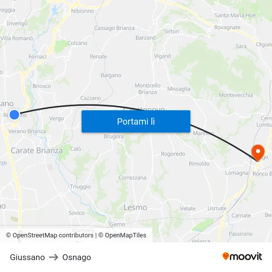 Giussano to Osnago map