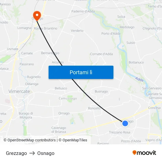 Grezzago to Osnago map