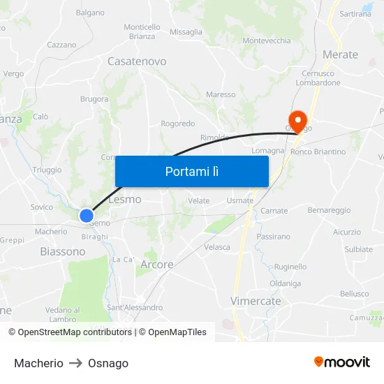 Macherio to Osnago map