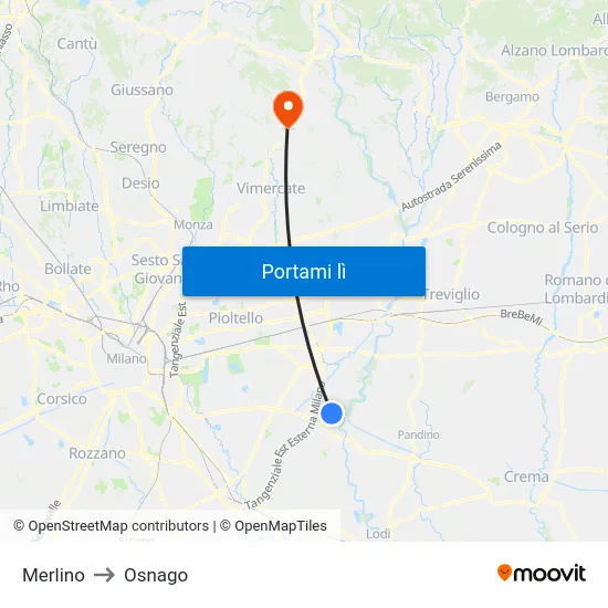 Merlino to Osnago map