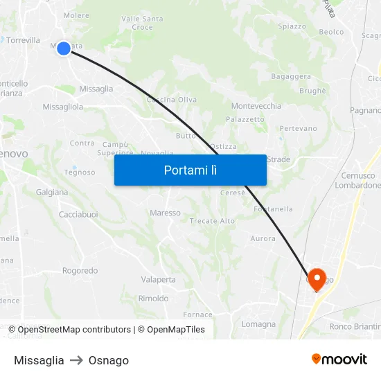Missaglia to Osnago map