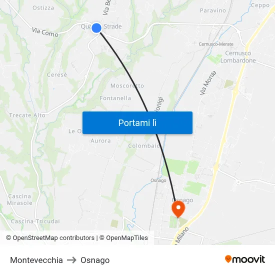 Montevecchia to Osnago map
