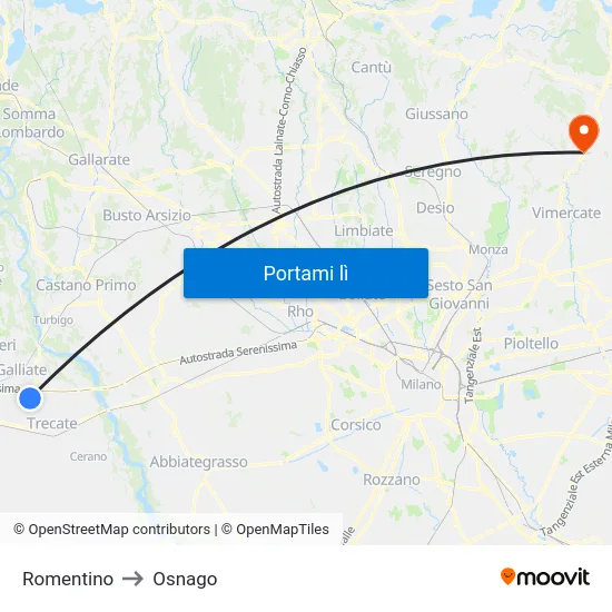 Romentino to Osnago map