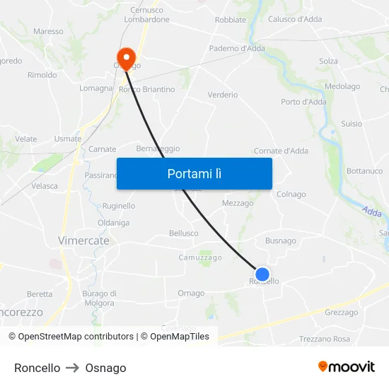 Roncello to Osnago map