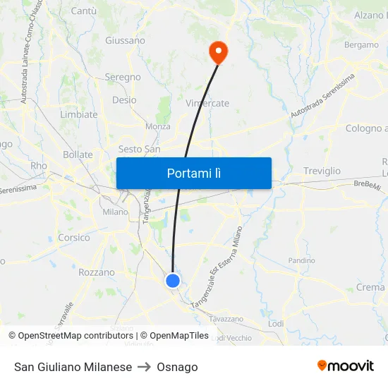 San Giuliano Milanese to Osnago map