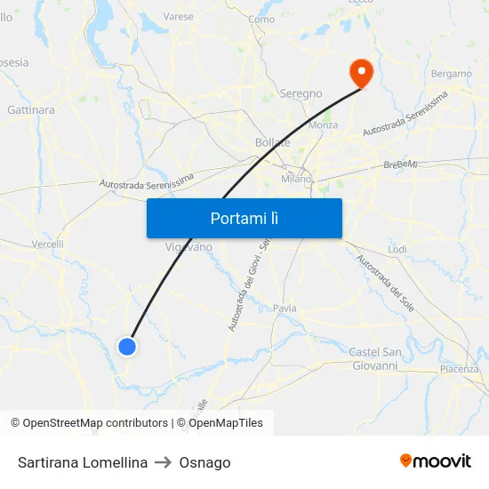 Sartirana Lomellina to Osnago map