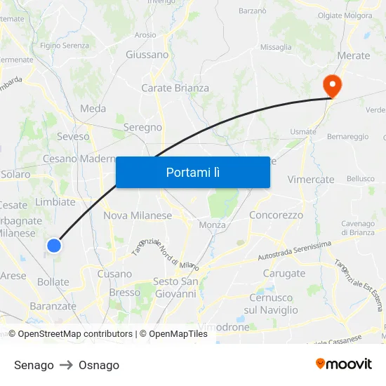 Senago to Osnago map