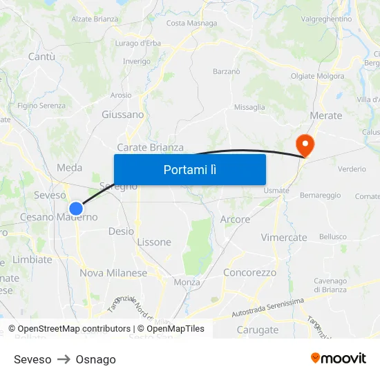 Seveso to Osnago map