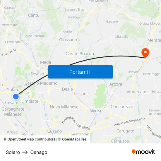 Solaro to Osnago map