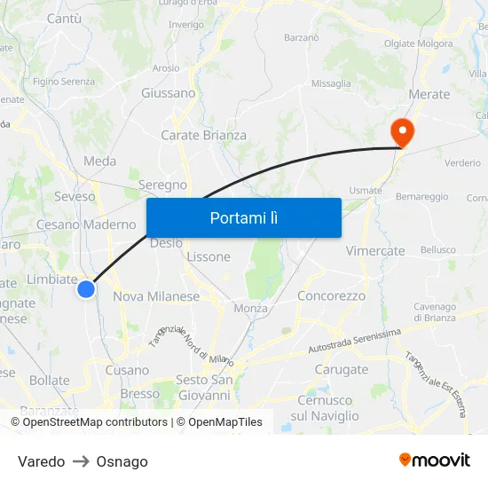 Varedo to Osnago map