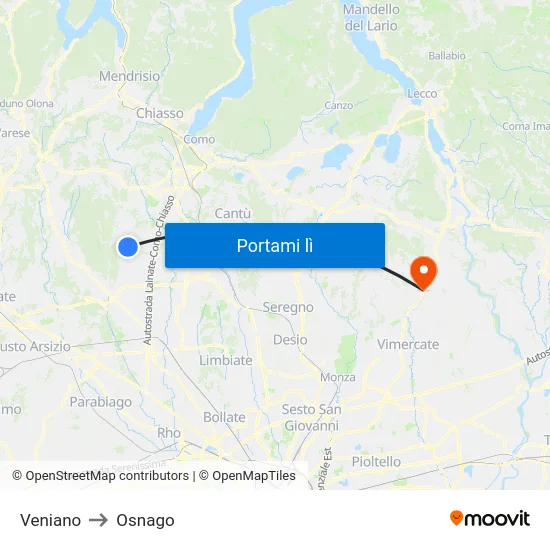 Veniano to Osnago map