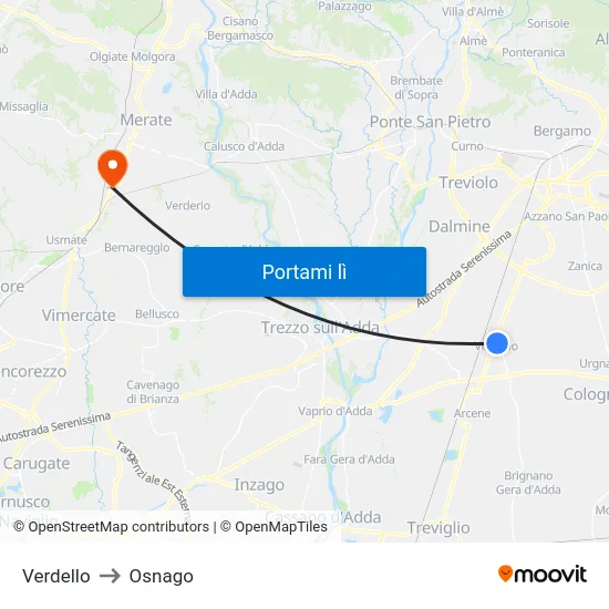 Verdello to Osnago map
