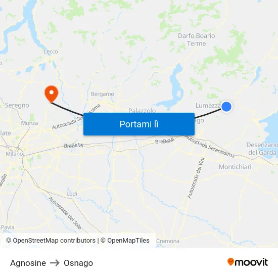 Agnosine to Osnago map